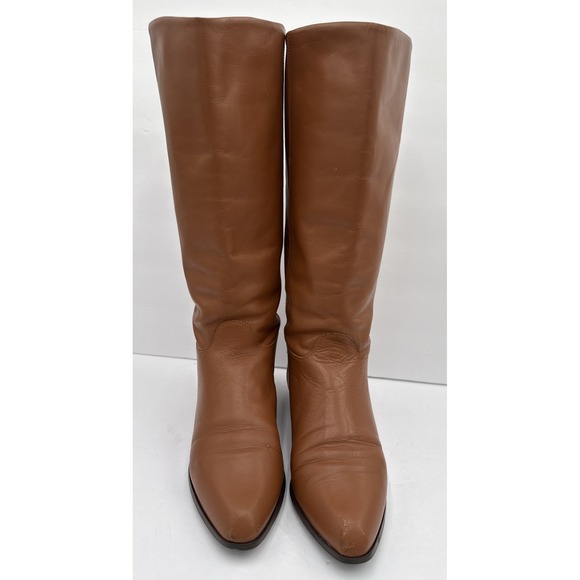 Vtg 80s  Brown Camel Leather Slouch Boots Flat Heel Under Knee Size 8 1/2 - Picture 3 of 10